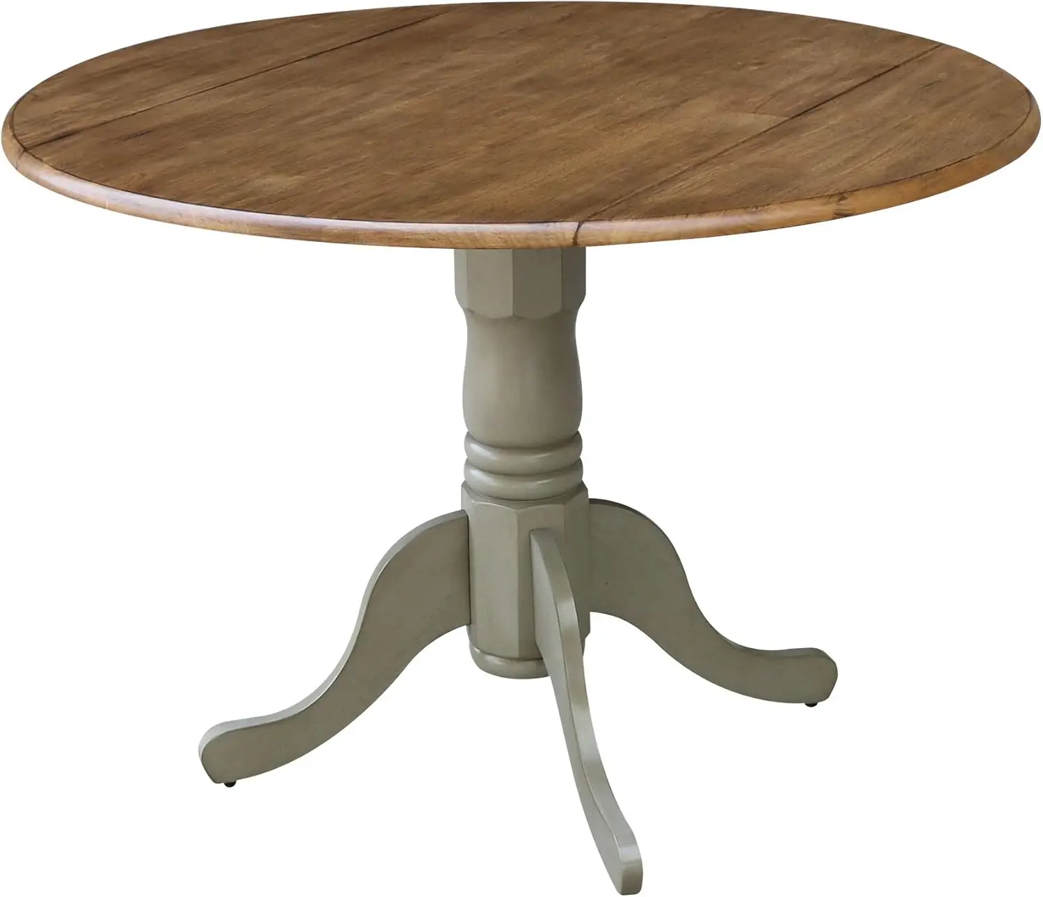 new-42" Round Dual Drop Leaf Pedestal Dining Table, Solid Real Wood, Sturdy Parawood, Distressed Hickory/Stone