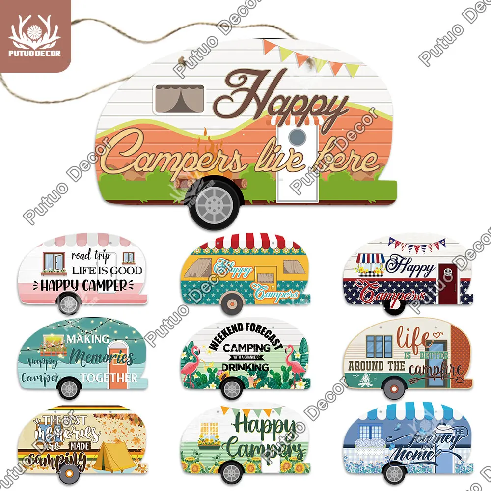 Putuo Decor Camping Sign Glamper Shaped Plaque Wood Hanging Wooden Plate for Trip Glampers Camper Traveling Wall Gift | Дом и сад