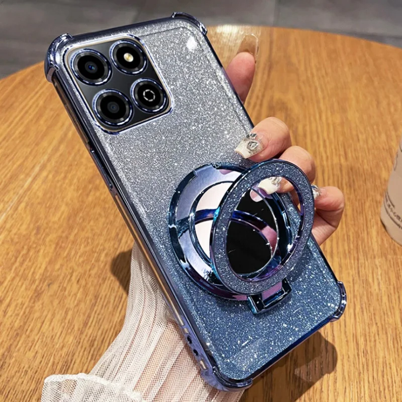 Airbag Glitter Shockproof Silicone Phone Case with Mirror Magnetic Holder and Stand
