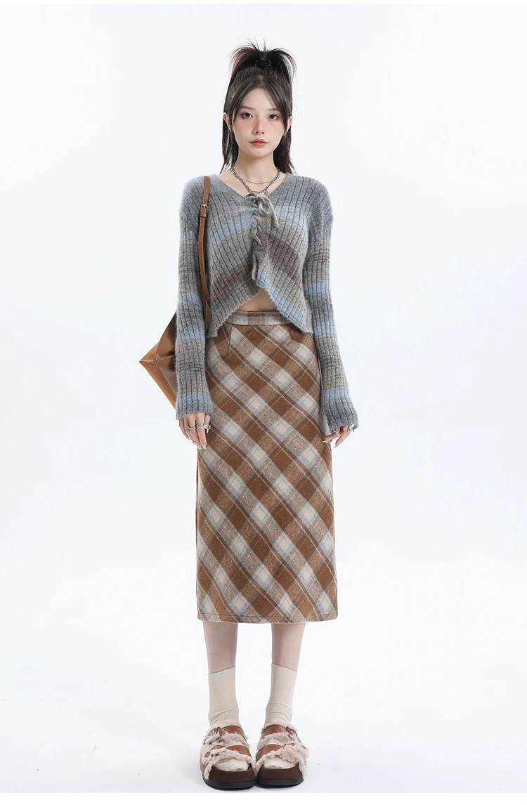 2023 Winter Vintage Plaid Print Elegant Knitting Mid Long