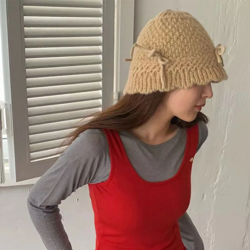 Ins Bow Decoration Cute Women's Hats Autumn and Winter Korean Version Casual Versatile Solid Color Warm Knitted Bucket Caps knitted hat bucket hats denim bucket hats