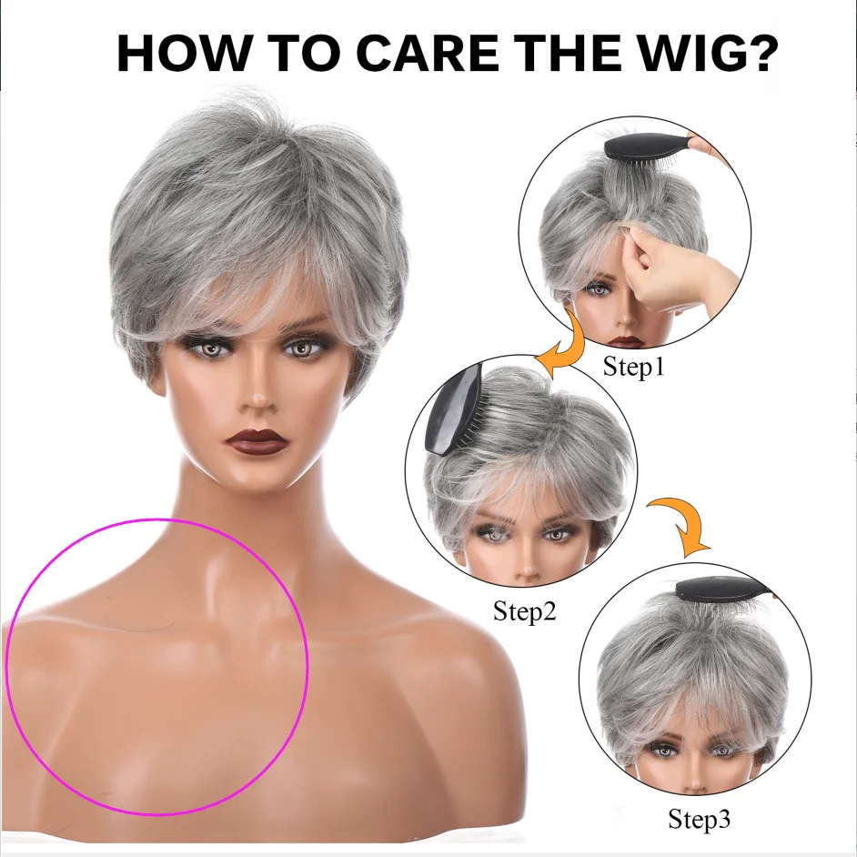 Short Gray Hair Wig with Bangs Silver Ash Pixie Wigs for Women Synthetic Wigs Mixed With Human Hair High Temperature HAIRCUBE