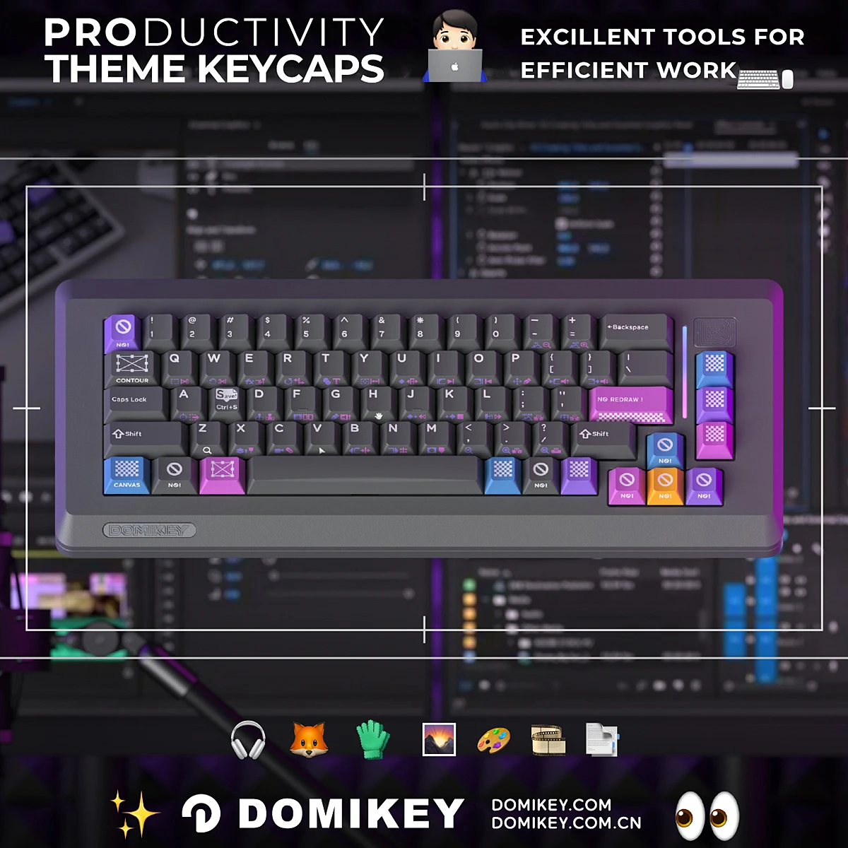 Domikey 기계식 키보드용 생산력 키캡 PBT 더블샷 키캡, 체리 프로파일, 실크 스크린 인쇄 