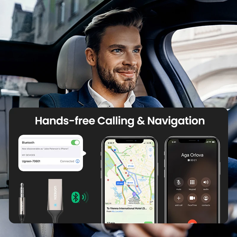 UGREEN Bluetooth 5.3 Handsfree Adapter 3.5mm AUX Music Navigation Streaming Microphone for Calls Car bluetooth adapter