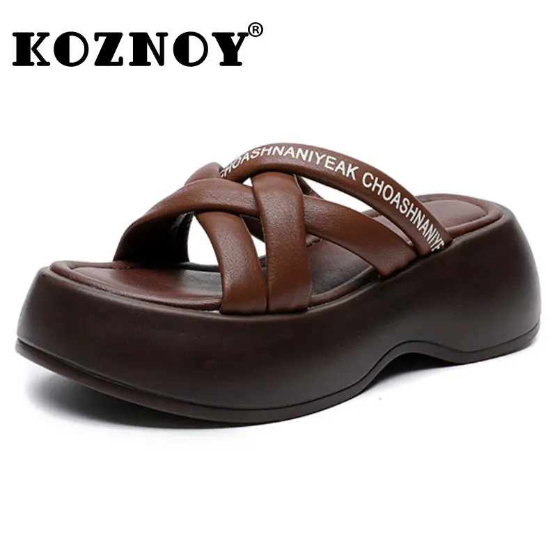 

Koznoy 6cm New 2023 Peep Toe Women Moccasins British Cow Genuine Leather Summer Platform Wedge Ladies ROME Hollow Slippers Shoes