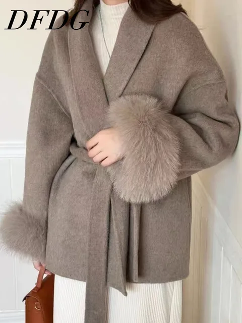 DFDG-abrigo corto de lana de Cachemira con solapa y cordones para mujer, temperamento a la moda, nueva colección de otoño e invierno 2024