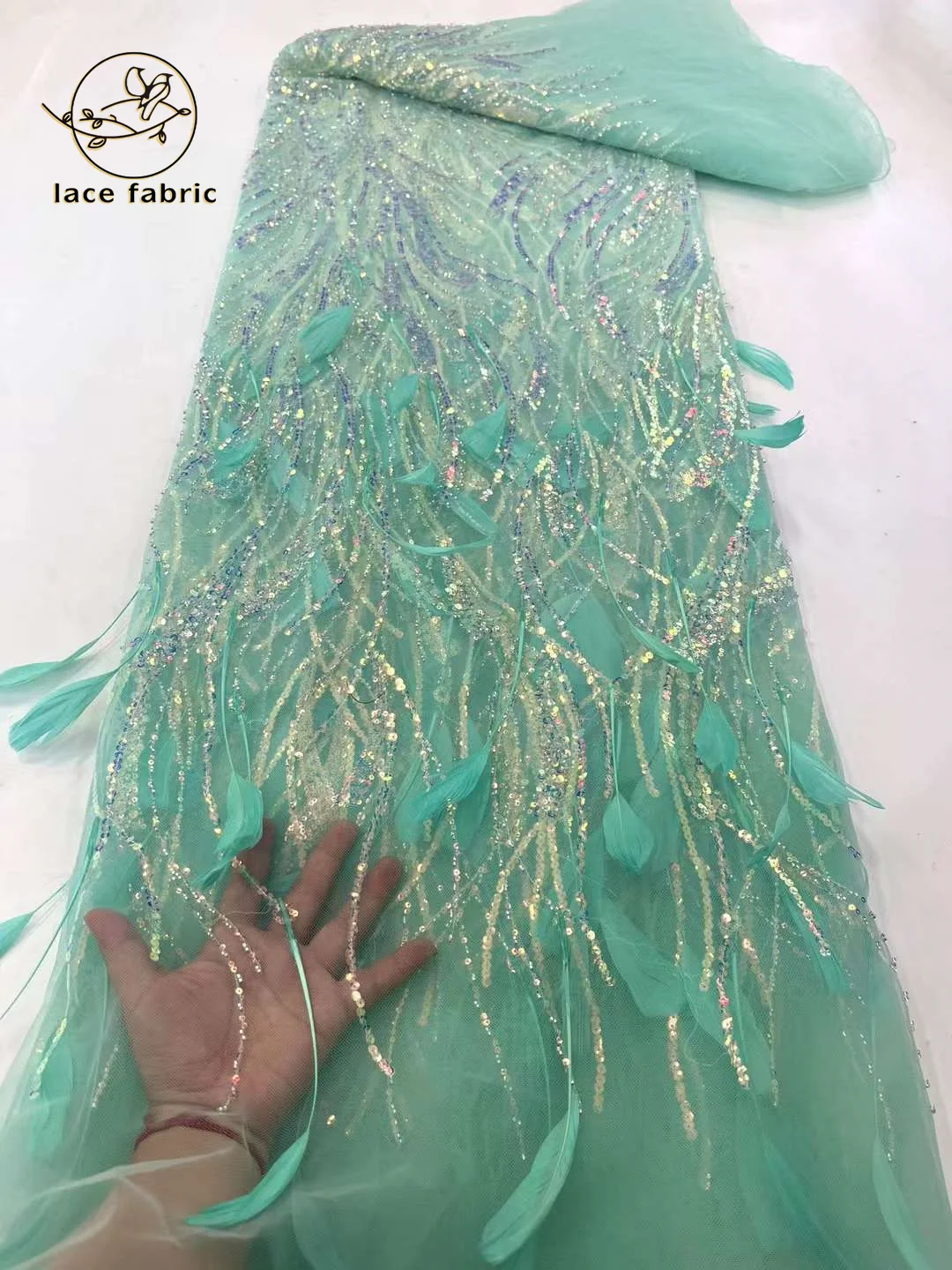 African Lace Fabric Sequins Mesh Lace France 3D Feather Embroidered Tulle Fabric For Asoebi Sewing