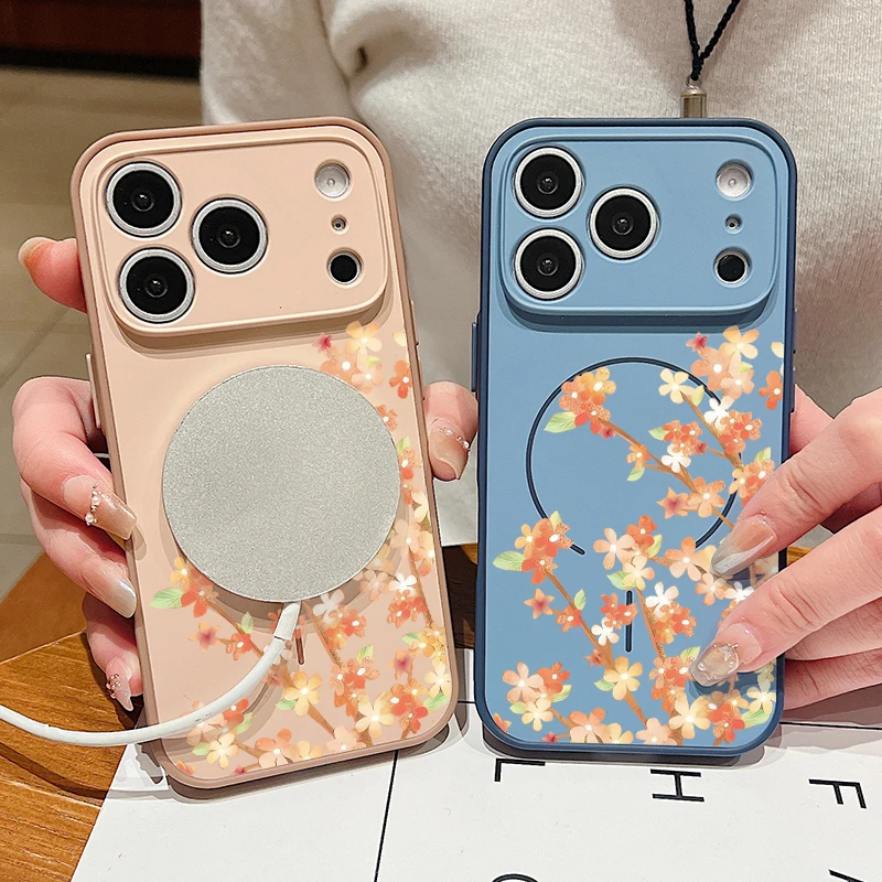 Magnetic Orange Floral Phone Case with Lens Protection & Wireless Charging Compatibility