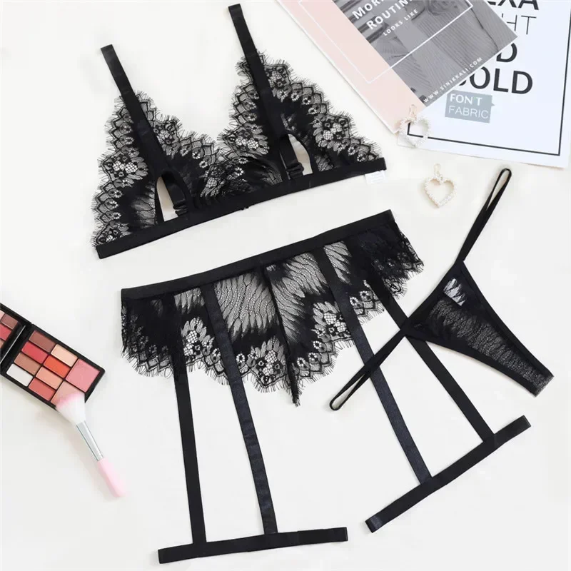 Sexy and Female Underwear Lingeries for Women Hot Women's Black Lace Thin Split Underwear Panty Garter 3-piece Set