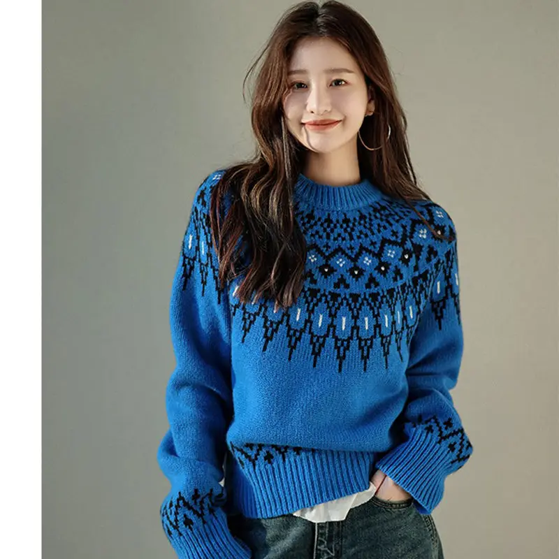 

Autumn Fashion Womens O-Neck Rib Knitted Top Pullover Vintage Jacquard Printing Crochet Winter Long Sleeve Warm Cashmere Sweater