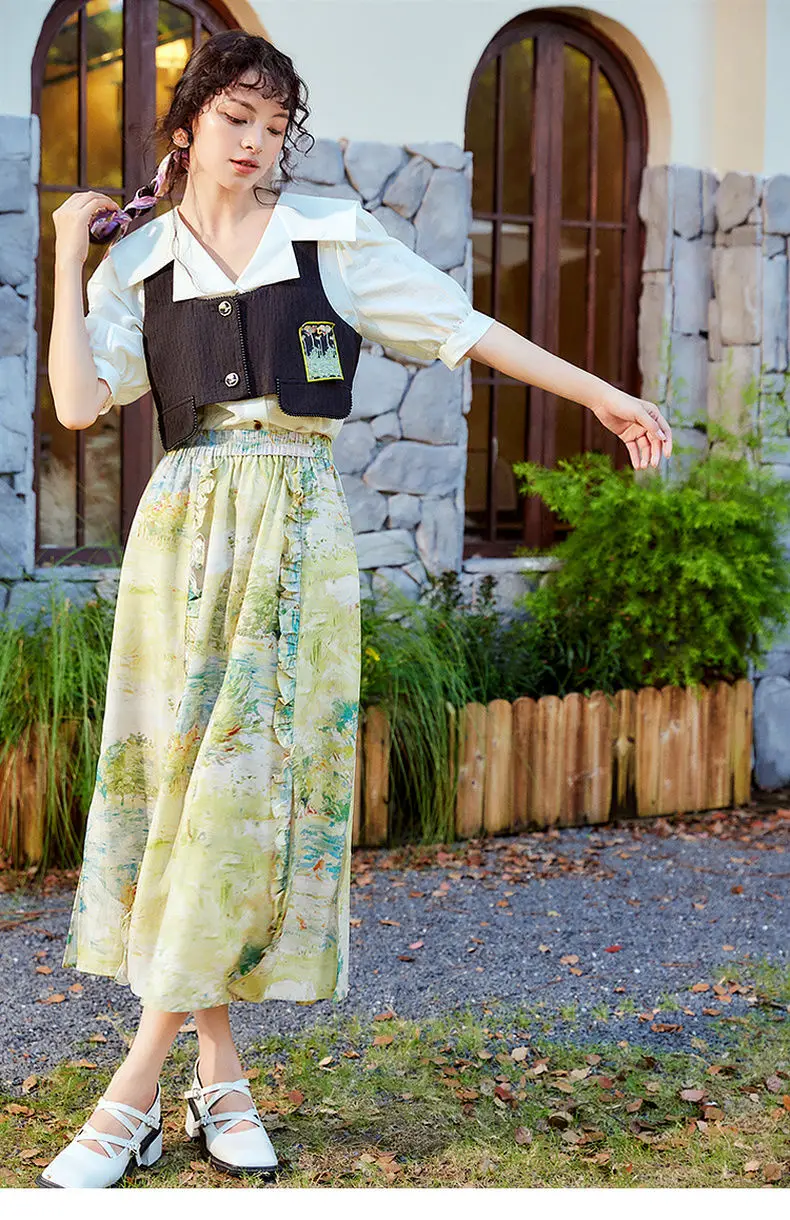 Vestidos De Fiestaformal Dresses2024 Summer Women'S Fashion New Oil Painting Print Flanged Splicing Split Half Long Skirt 