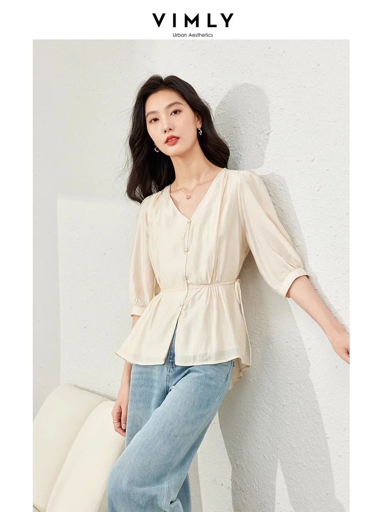 Vimly Apricot V-neck Women Elegant Shirts & Blouses 2024 Summer French Style New Three Quarter Sleeve Elegant Women's Top 16612