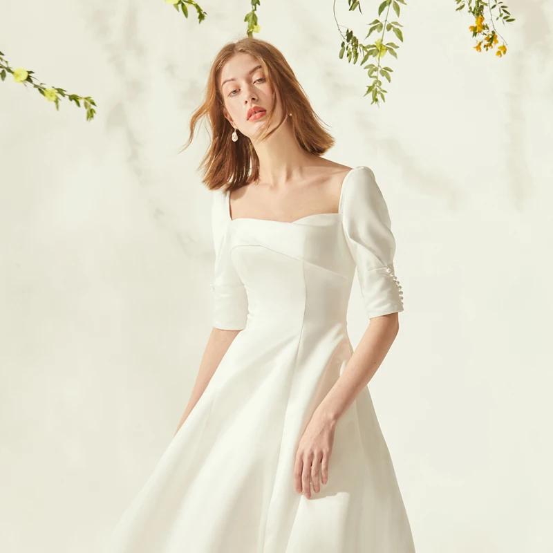 Vintage Satin half-Sleeve Wedding Dresses Off The Shoulder A-line lace-up Sash Bride Wedding Gowns Boho Vestido de Noiva 2