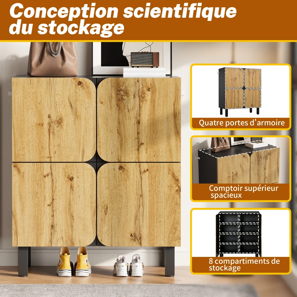 80*38,5*90cm Moderner Schuhschrank, Einzigartiges Design, Vier Türen, Verstellbare Einlagen, Schwarze Eisenbeine und Gebogene Türen – Detail 17