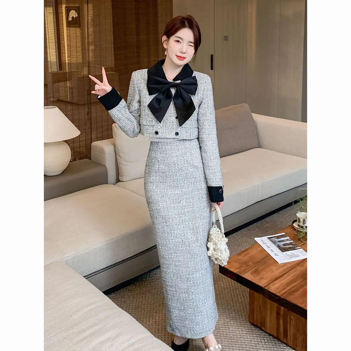 

Rich Daughter Outfit A Whole Set Spring 2024 French Chic Style Suit Women Bow Tie Jacket Half Skirt Two-Piece Set High Quality