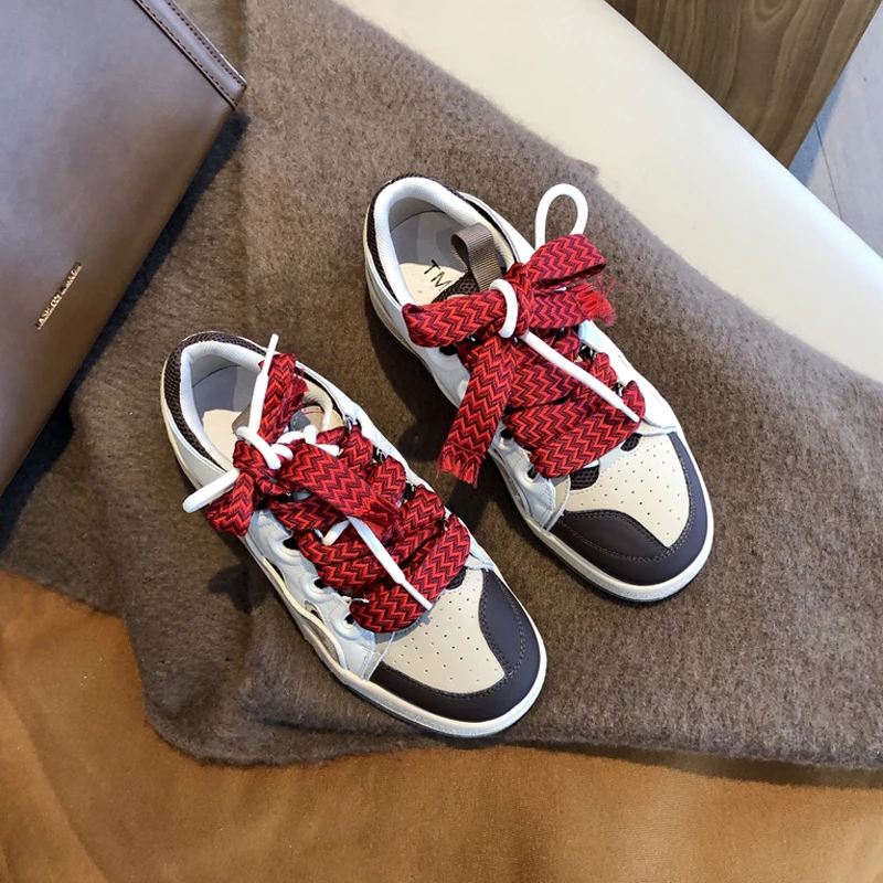 

Girls Cover Heel Flats Round Head Lace-up Zapatos Mujer Casual Soft Sole Women Leather Shoes Spring Patchwork Chaussure Femme