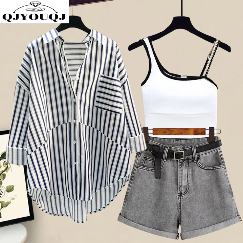 Spring/Summer Set Women's New Style Striped Sunscreen Shirt Versatile Slim Denim Shorts with Suspenders Three Piece Set