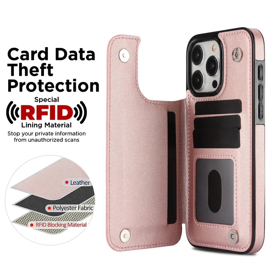 Elegant Card Slot Flip Leather Wallet Case with Double Button Closure