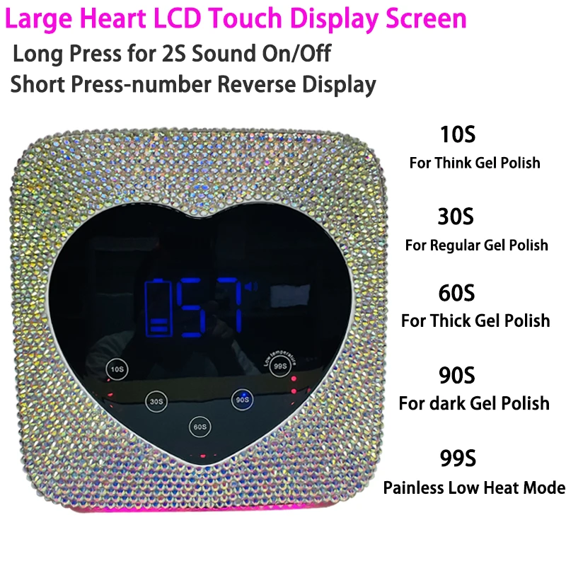 Cute Heart Design Manicure Pedicure Machine LCD Touch Screen Cordless Power Storage Cure UV LED Nail Lamp with Rhinestones 2