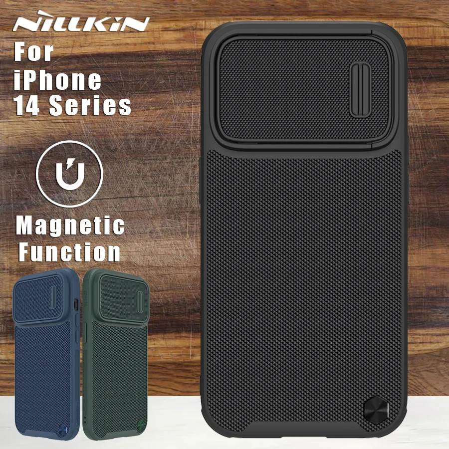 

NILLKIN For iPhone 14 Pro Max Plus 5G Case Magnetic Adapt Magsafe Fiber Back Cover Slide Lens Protection Camera for iPhone 14