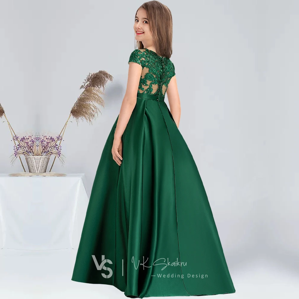 Ball-Gown/Princess Scoop Floor-Length Lace Satin Junior Bridesmaid Dresses With Bow Dark Green Flower Girl Dress Communion Dress 4