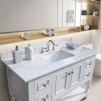 Luxurious White Stone Bathroom Vanity Top 43"x22" with Ceramic Sink and Backsplash 1