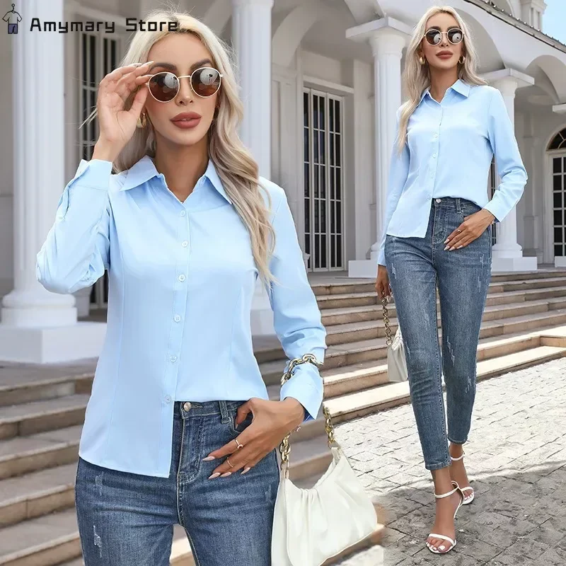 

New Women's Solid Color Long Sleeve Shirt White Fashion Commuter Business Work Button Shirt Office Blouse Slim Women Tops