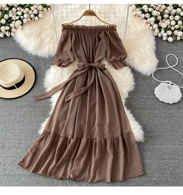 Beach Dress Women Sexy Off The Shoulder Slash Beach Chiffon Dresses Ladies Elegant A Line Bandage Party Dress Long Robe