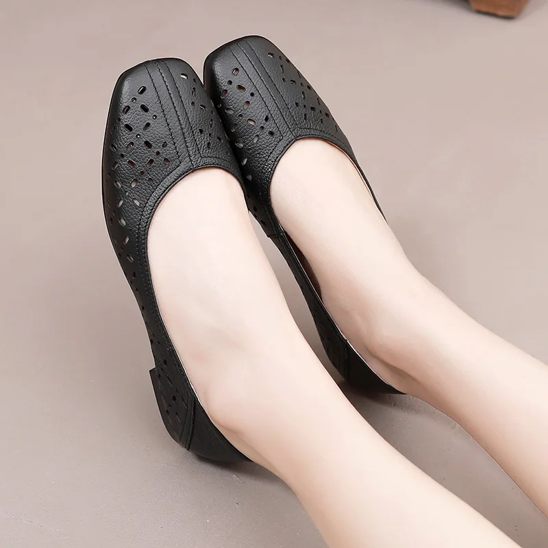 Women Shoes Leather Loafers Square Toe Slip On Flat Shoes Women Soft Bottom Hollow Out Shoes Women Breathable Casual Shoes