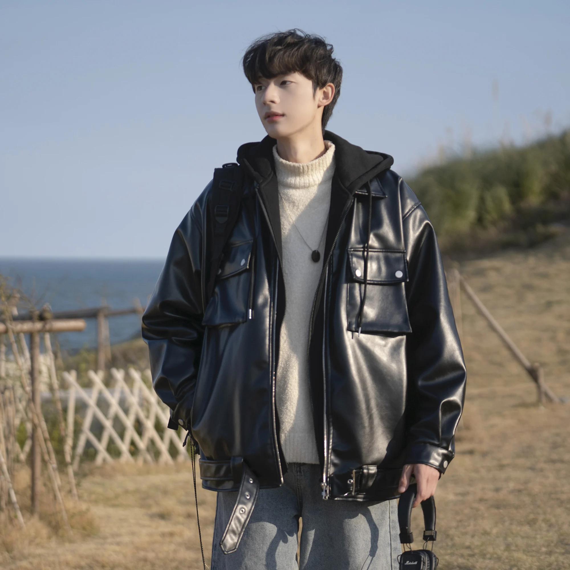 Cotton Coat Men's Winter Hooded Leather Coat Men's Leather Cotton Thickened Warm Male Long Sleeve Solid Color Cotton Coats