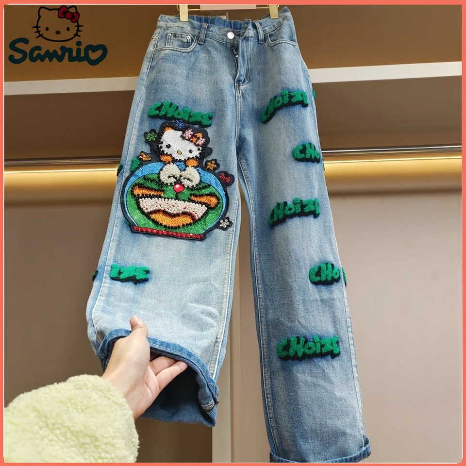 Sanrio Kawaii Hello Kitty Jeans Student Cartoon Couple Spring and Autumn  Embroidery Jeans Girl High Waist Ripped Trousers Gift - AliExpress