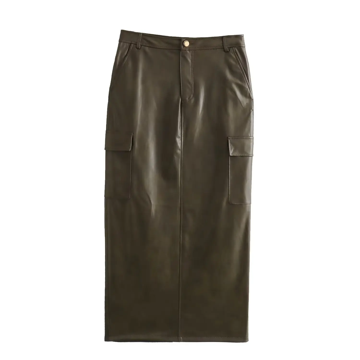 

Women's 2023 Fashionable and Chic Imitation Leather Tooling Midi Skirt Retro High Waist Zipper Skirt Mujer