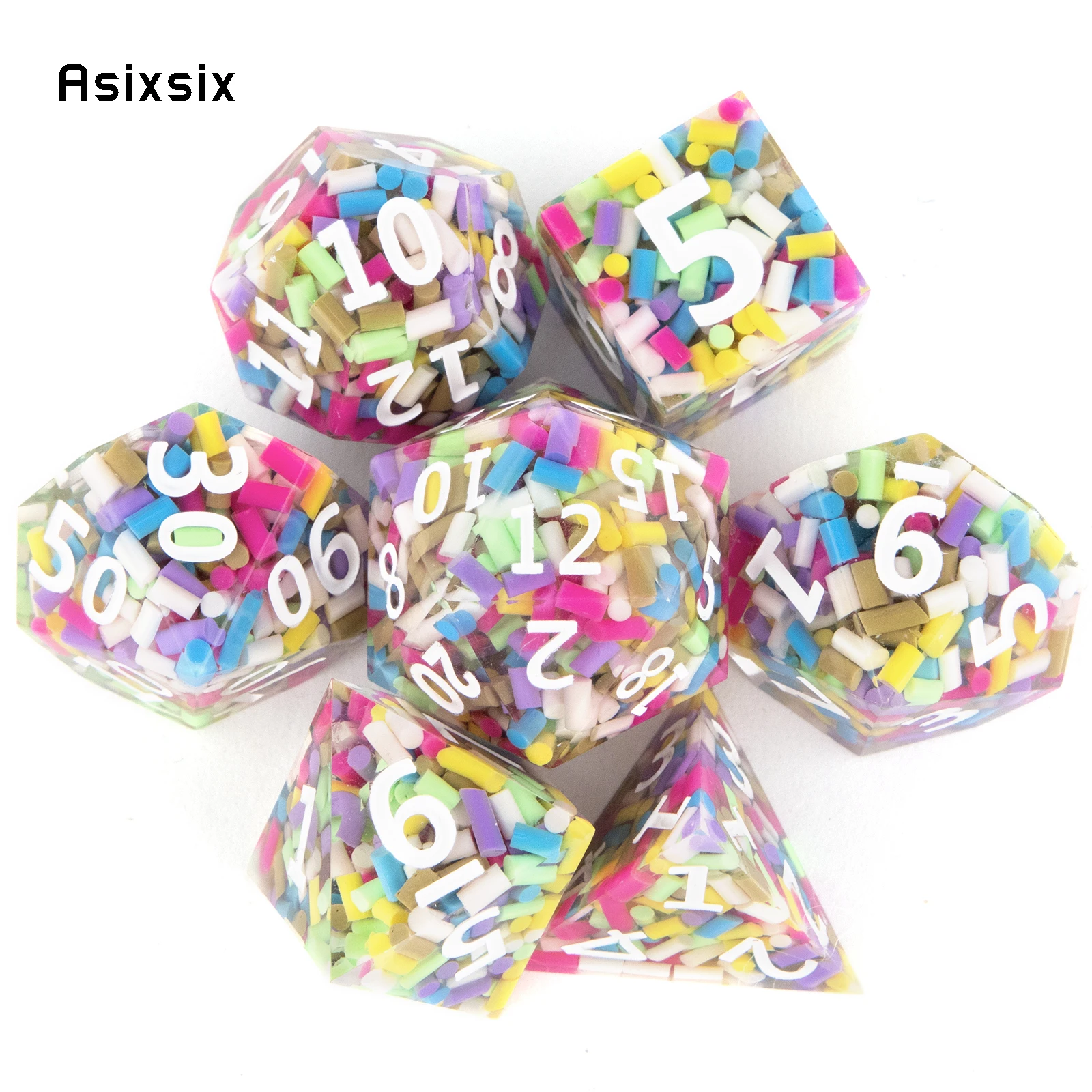 

7 Pcs Colorful Resin White Number Sharp Edge Dice Polyhedral Dice Suitable for Role-Playing RPG Board Game