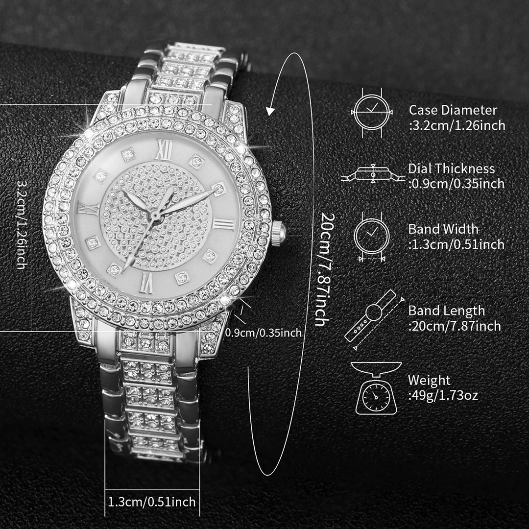 3PCS Women's Watches Fashion Full Diamond Stainless Steel Band Quartz Watch（Without Box） 6