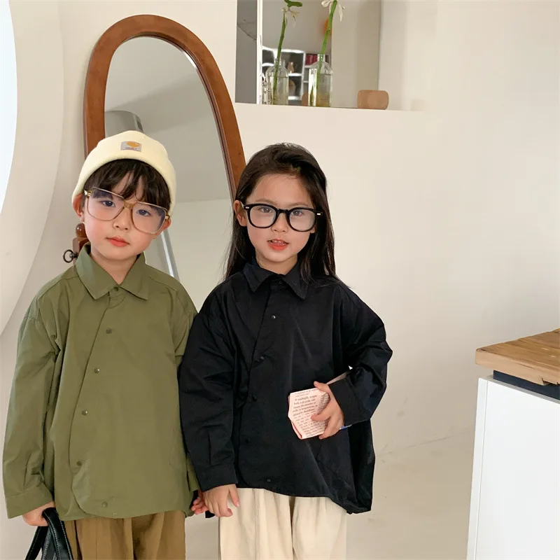 Korean style unique design solid color shirts Unisex Children cotton loose shirt Tops