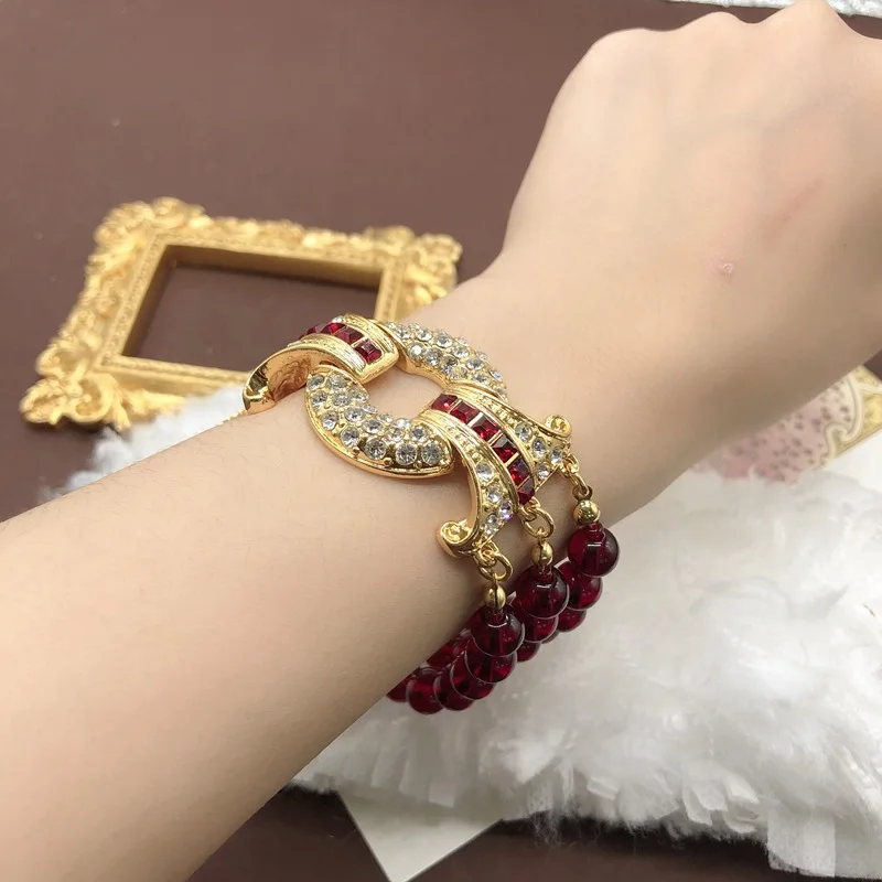 rench Romantic Retro Multi layered Pomegranate Red Glass Beads Sweater Chain Bracelet Necklace