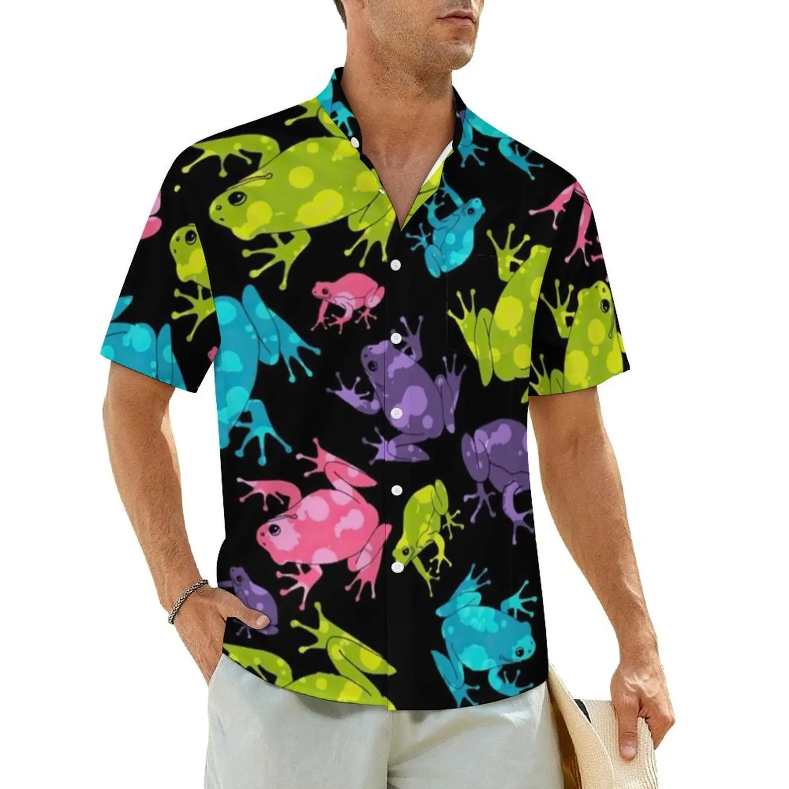 

Multicolor Frog Casual Shirt Watercolor Splash Funny Animal Trendy Hawaiian Shirts Male Short Sleeve Vacation Oversized Blouses