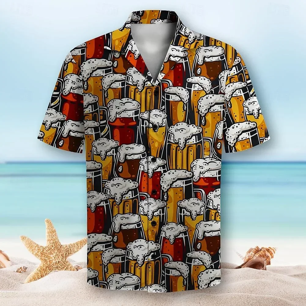 Men's Printed Short Sleeve Shirt, Leisure, Daily, Summer, Flip Collar, Button, Designer Shirt, Beer, Hawaii Resort, Party