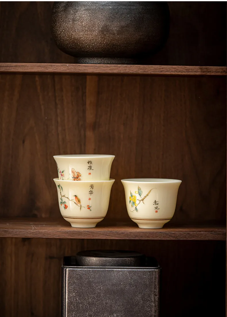 Description Picture 3 of item1 Pc Chinese Ceramic Tea Cup Handmade Flower and Bird Pattern Teacup Porcelain Tea Bowl Travel Master Cup Household Teaware