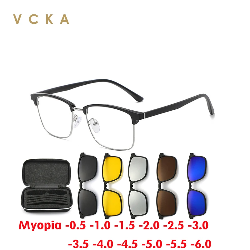 Vcka 6 in1 quadratisch polarisierte Myopie Sonnenbrille Männer Frauen Magnet clip Brille Rahmen optische verschreibung pflicht ige Brillen-0,5 bis-6,0