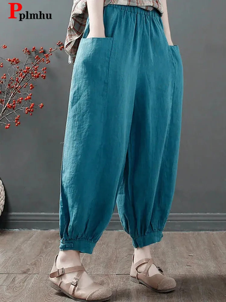 

Casual Oversize 4xl Cotton Linen Women Bloomers Pants Summer New Basic Jogger Sweatpants Hig Wist Ankle-length Baggy Pantalones