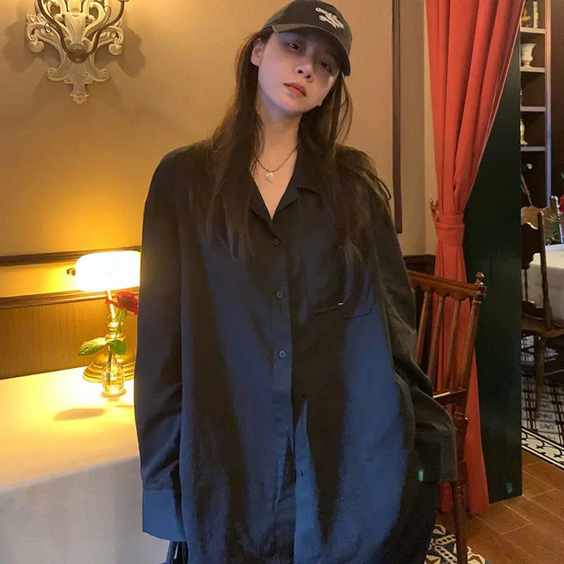 

HOUZHOU Korean Fashion Black Oversized Blouses Women Harajuku Streetwear Basic White Shirt Casual Vintage Cardigan Female Hippie