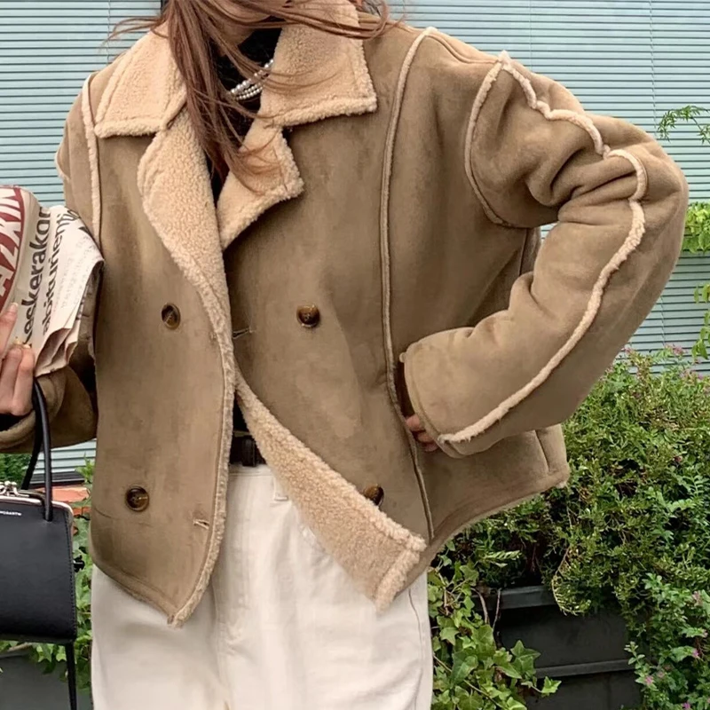 

Women's Coat Winter 2022 Suede Fleece Lined Lapel Double Breasted Buttons Patchwork Motorcycle Jacket Outwear Women Clothes 0927
