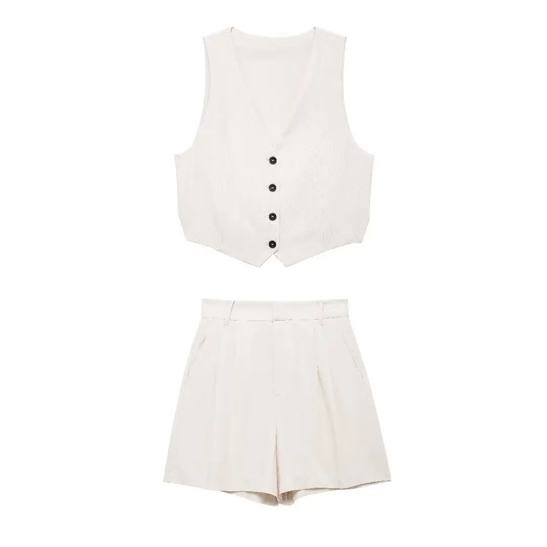 thumbnail image 1 of HH TRAF Conjunto de 2 piezas de moda para mujer, camiseta sin mangas con escote en V y un solo pecho + minipantalones cortos elegantes con cintura alta y bolsillo trasero con cremallera, 1 of 4