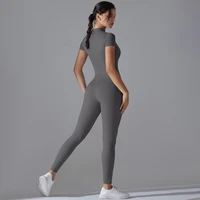 Yoga Set Women's Jumpsuits One-Piece Suit Zipper Short Sleeve Gym Push Up Workout Clothes Fitness Bodysuit Sportswear Tracksuit 2