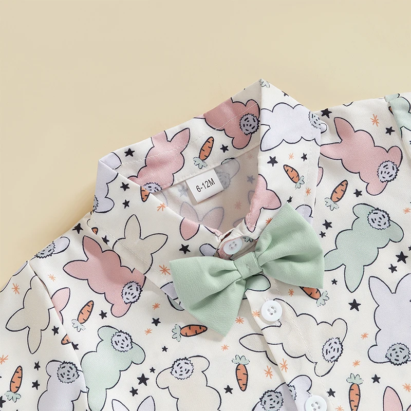 Toddler Boy Easter Shorts Set Bunny Print Short Sleeve Button-up Bow Tie Shirt Pockets Shorts