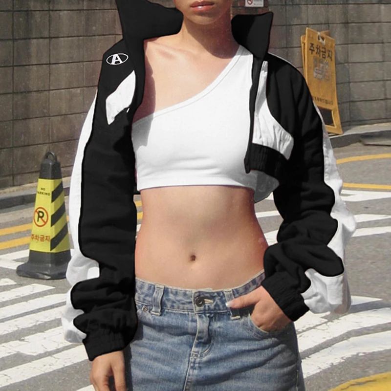 

PASSIONNÉ Jacket Female Stand Collar Long Sleeve Hit-color Patchwork with Zipper Coat Women Streetwear Fashion 2023 Autumn New