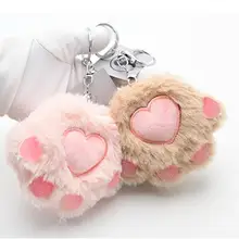 

Women Car Key Pendant Real Mink Fur Cat Paw Toy Keychain Cute Bag Charm Ornaments Soft Pompom Plush Cute Bear Claw Key Rings