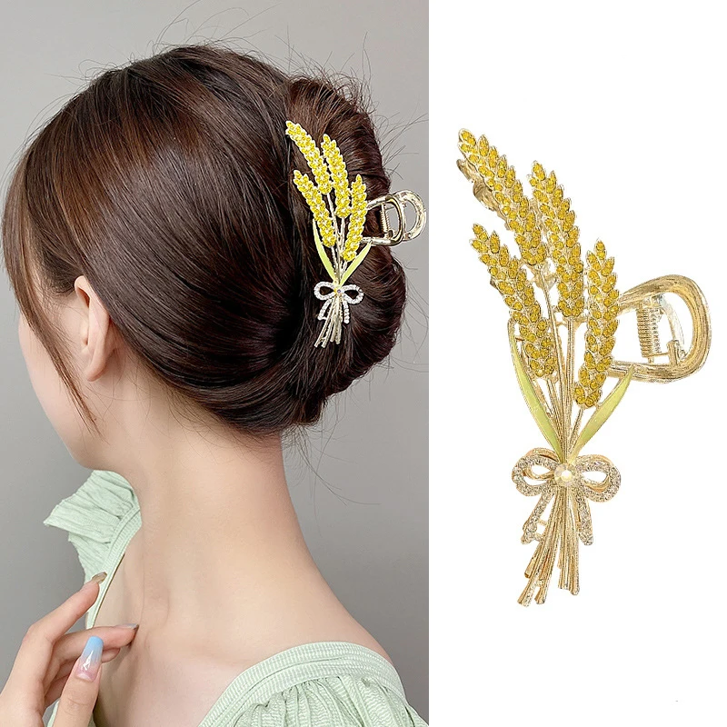 Wheat Hair Clip with Rhinestone Gold Color Metal Large Shark Clips Geometric Hairpin Women Elegant Luxury Alloy Hair Accessories