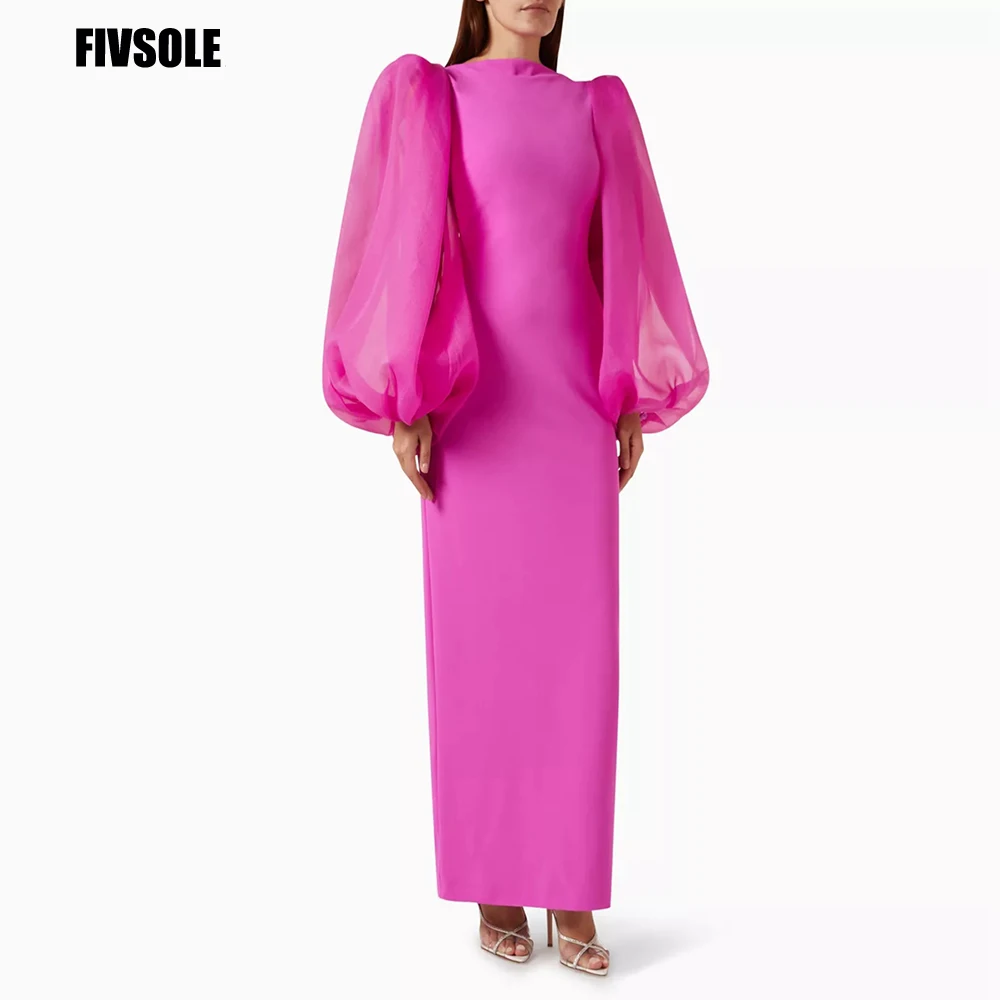 

Fivsole Back Slit Fuchsia Party Dresses Mermaid Prom Gowns Plus Size With Puff Sleeves Formal Occasion Dresses Vestidos De Gala